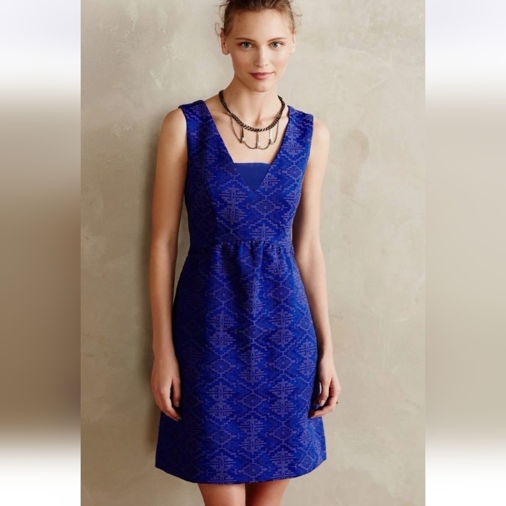 Maeve Anthropologie Royal Blue Aztec Fit And Flare Brocade Dress Size 0